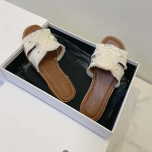 Celine Women Marina Mule in Fringed Canvas-White 362675018C