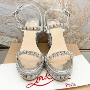 Christian Louboutin Women Silver Leather Calf Leather/Studded Cataclou 140 Platform Espadrille