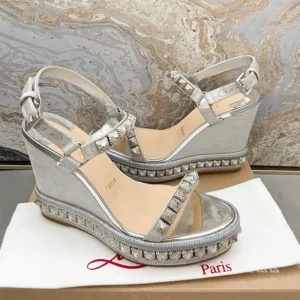 Christian Louboutin Women Silver Leather Calf Leather/Studded Cataclou 140 Platform Espadrille