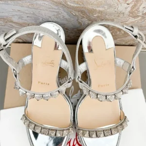 Christian Louboutin Women Silver Leather Calf Leather/Studded Cataclou 140 Platform Espadrille