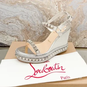 Christian Louboutin Women Silver Leather Calf Leather/Studded Cataclou 140 Platform Espadrille