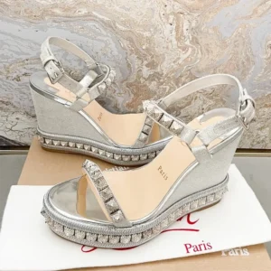 Christian Louboutin Women Silver Leather Calf Leather/Studded Cataclou 140 Platform Espadrille