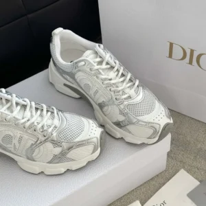Dior Unisex Chrono Sneaker White Mesh with Silver-Tone and White Laminated Leather-Effect Inserts