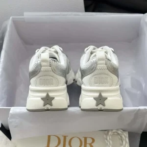 Dior Unisex Chrono Sneaker White Mesh with Silver-Tone and White Laminated Leather-Effect Inserts