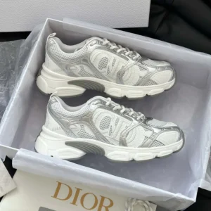 Dior Unisex Chrono Sneaker White Mesh with Silver-Tone and White Laminated Leather-Effect Inserts