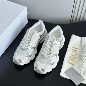 Dior Unisex Chrono Sneaker White Mesh with Silver-Tone and White Laminated Leather-Effect Inserts