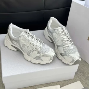 Dior Unisex Chrono Sneaker White Mesh with Silver-Tone and White Laminated Leather-Effect Inserts
