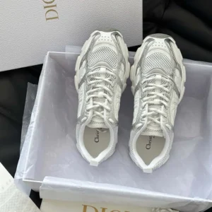 Dior Unisex Chrono Sneaker White Mesh with Silver-Tone and White Laminated Leather-Effect Inserts