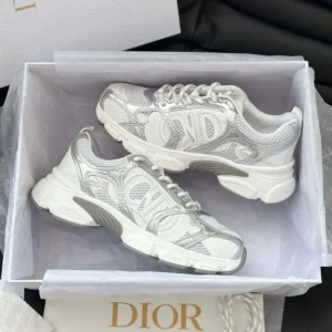 Dior Unisex Chrono Sneaker White Mesh with Silver-Tone and White Laminated Leather-Effect Inserts
