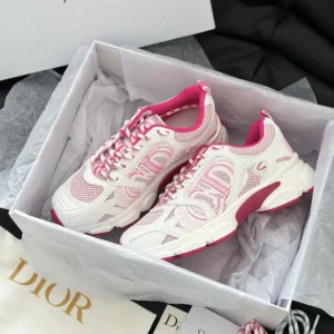 Dior Unisex Chrono Sneaker White and Fuchsia Mesh with Leather-Effect Panels