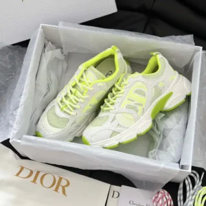 Dior Unisex Chrono Sneaker White and Lime Green Mesh with Leather-Effect Panels