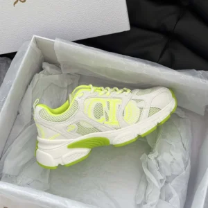 Dior Unisex Chrono Sneaker White and Lime Green Mesh with Leather-Effect Panels