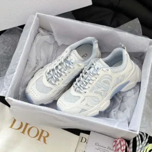 Dior Unisex Chrono Sneaker White and Sky Blue Mesh and Leather-Effect Panels
