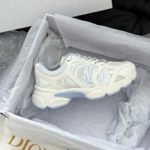 Dior Unisex Chrono Sneaker White and Sky Blue Mesh and Leather-Effect Panels