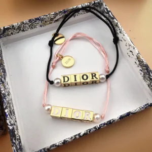 Dior Women D-Dice Bracelet Black Cotton and Lacquer with Gold-Finish Metal and White Resin Pearls