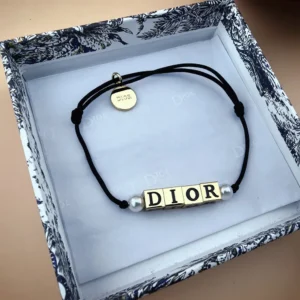 Dior Women D-Dice Bracelet Black Cotton and Lacquer with Gold-Finish Metal and White Resin Pearls