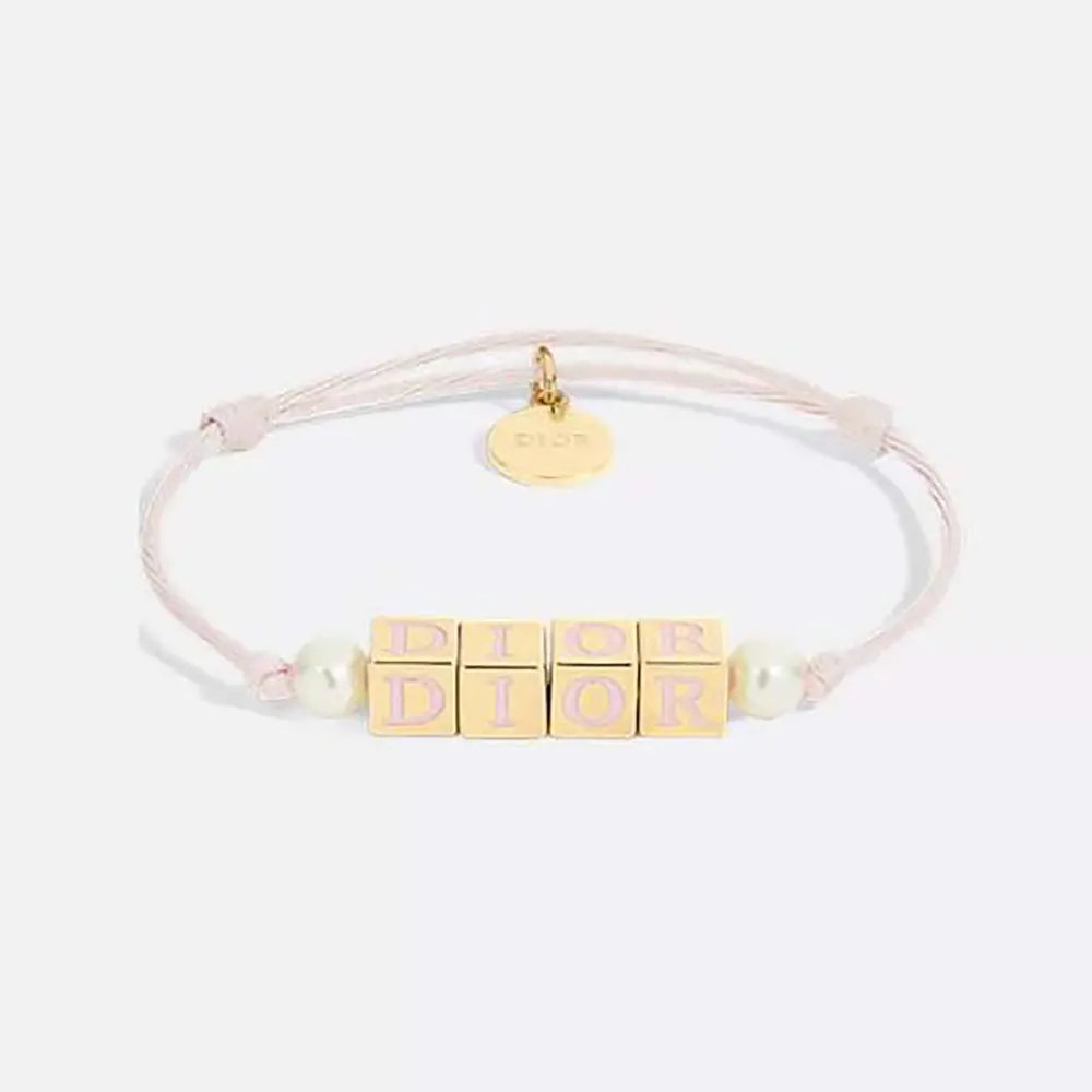 Dior Women D-Dice Bracelet Pale Pink Cotton and Lacquer with Gold-Finish Metal and White Resin Pearls 1 Dior Women D-Dice Bracelet Pale Pink Cotton and Lacquer with Gold-Finish Metal and White Resin Pearls
