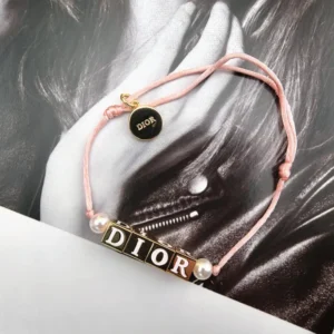 Dior Women D-Dice Bracelet Pale Pink Cotton and Lacquer with Gold-Finish Metal and White Resin Pearls