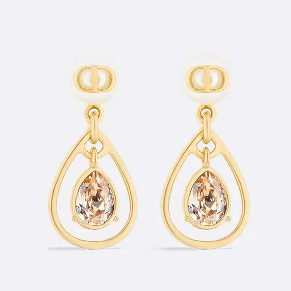 Dior Women D-Drop Earrings Gold-Finish Metal with White Resin Pearls and Champagne Crystals 1 Dior Women D-Drop Earrings Gold-Finish Metal with White Resin Pearls and Champagne Crystals