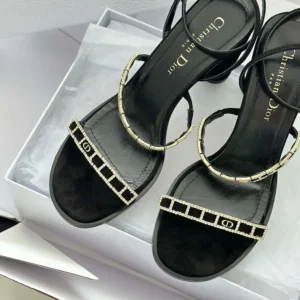 Dior Women Diorissime Heeled Sandal Black Suede Goatskin and Silver-Tone Strass