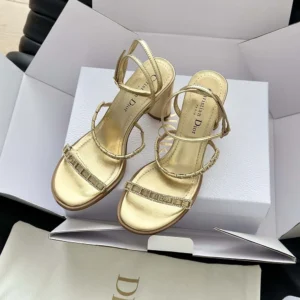 Dior Women Diorissime Heeled Sandal Gold-Tone Laminated Lambskin and Silver-Tone Strass