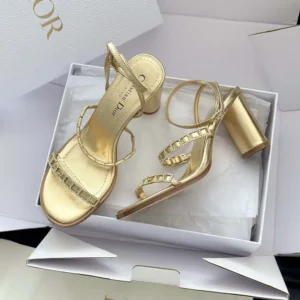 Dior Women Diorissime Heeled Sandal Gold-Tone Laminated Lambskin and Silver-Tone Strass