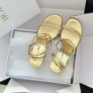 Dior Women Diorissime Heeled Sandal Gold-Tone Laminated Lambskin and Silver-Tone Strass