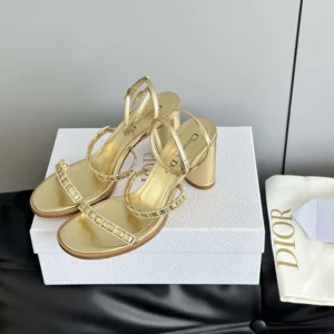 Dior Women Diorissime Heeled Sandal Gold-Tone Laminated Lambskin and Silver-Tone Strass