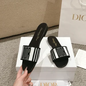 Dior Women Dway Slide Black and White Cotton Embroidered with Dior Graphique Motif
