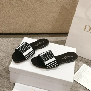 Dior Women Dway Slide Black and White Cotton Embroidered with Dior Graphique Motif