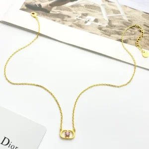 Dior Women Petit CD Jolie Necklace Gold-Finish Metal with Pink Crystal