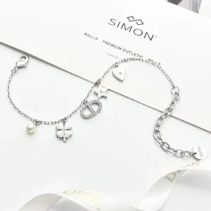 Dior Women Petit CD Lucky Charms Bracelet Silver-Finish Metal with White Resin Pearl and Silver-Tone Crystals