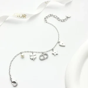 Dior Women Petit CD Lucky Charms Bracelet Silver-Finish Metal with White Resin Pearl and Silver-Tone Crystals