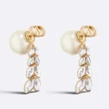 Dior Women Tribales Earrings Gold-Finish Metal with White Resin Pearls and Silver-Tone Crystals