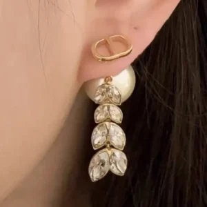 Dior Women Tribales Earrings Gold-Finish Metal with White Resin Pearls and Silver-Tone Crystals