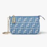 Fendi Women Baguette Pouch Blue Denim-effect FF Jacquard Charm Pouch with Chain