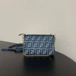 Fendi Women Baguette Pouch Blue Denim-effect FF Jacquard Charm Pouch with Chain