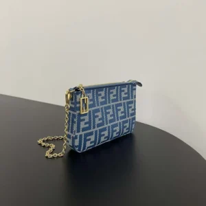 Fendi Women Baguette Pouch Blue Denim-effect FF Jacquard Charm Pouch with Chain
