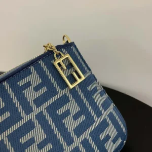 Fendi Women Baguette Pouch Blue Denim-effect FF Jacquard Charm Pouch with Chain