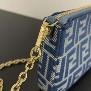 Fendi Women Baguette Pouch Blue Denim-effect FF Jacquard Charm Pouch with Chain