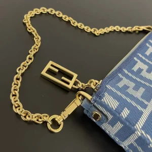 Fendi Women Baguette Pouch Blue Denim-effect FF Jacquard Charm Pouch with Chain