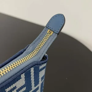 Fendi Women Baguette Pouch Blue Denim-effect FF Jacquard Charm Pouch with Chain