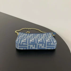 Fendi Women Baguette Pouch Blue Denim-effect FF Jacquard Charm Pouch with Chain