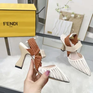 Fendi Women Colibrì Mesh and Braided Leather High-heeled Slingbacks