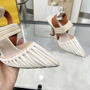 Fendi Women Colibrì Mesh and Braided Leather High-heeled Slingbacks