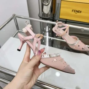Fendi Women Colibrì Pink Mesh and Crystals High-heeled Slingbacks