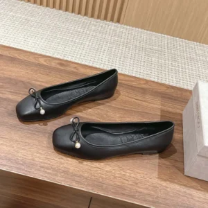 Jimmy Choo Women Elme Flat Black Nappa Leather Flats with Pearl Embellishment