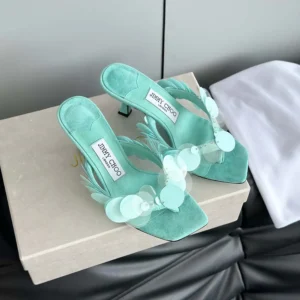 Jimmy Choo Women Freja 70 Aqua Green Suede Paillette Sandals FREJA70RPQ