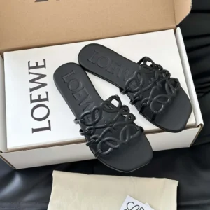 Loewe Women Petal Anagram Slide in Soft Calfskin-Black