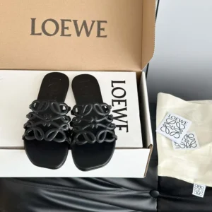 Loewe Women Petal Anagram Slide in Soft Calfskin-Black